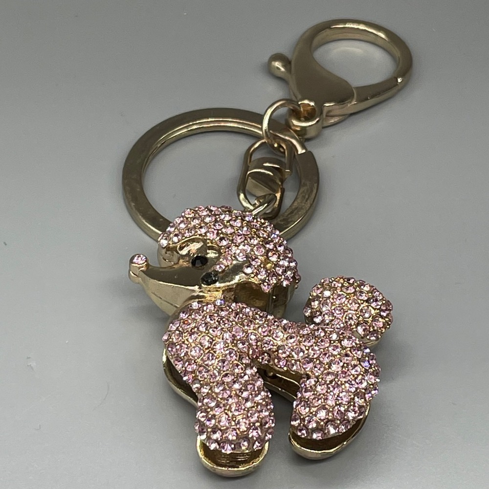 Pink Rhinestone Poodle Keychain Gold Tone Dog Bag Charm Lobster Clasp Accessory